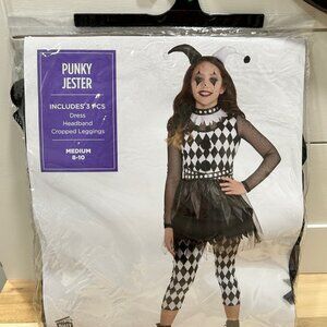 3pc Punky Jester Clown Circus Carnival Evil Dress Up Halloween Child M 8-10